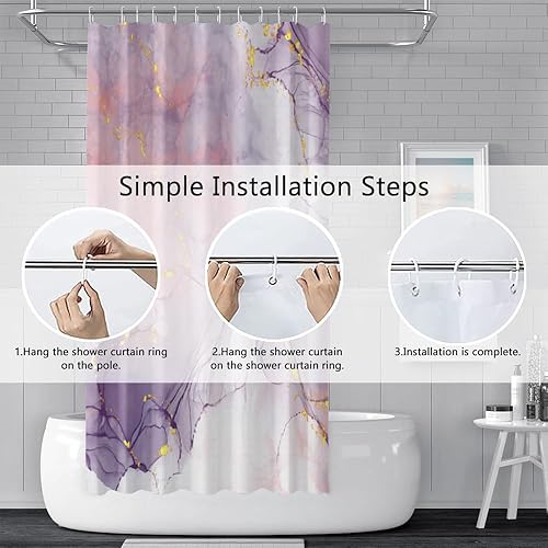 Miniatura 6 de Uiiooazy Cortina de ducha de mármol morado claro para baño, tela impermeable con estampado dorado lavanda, decoración del hogar, decoración del