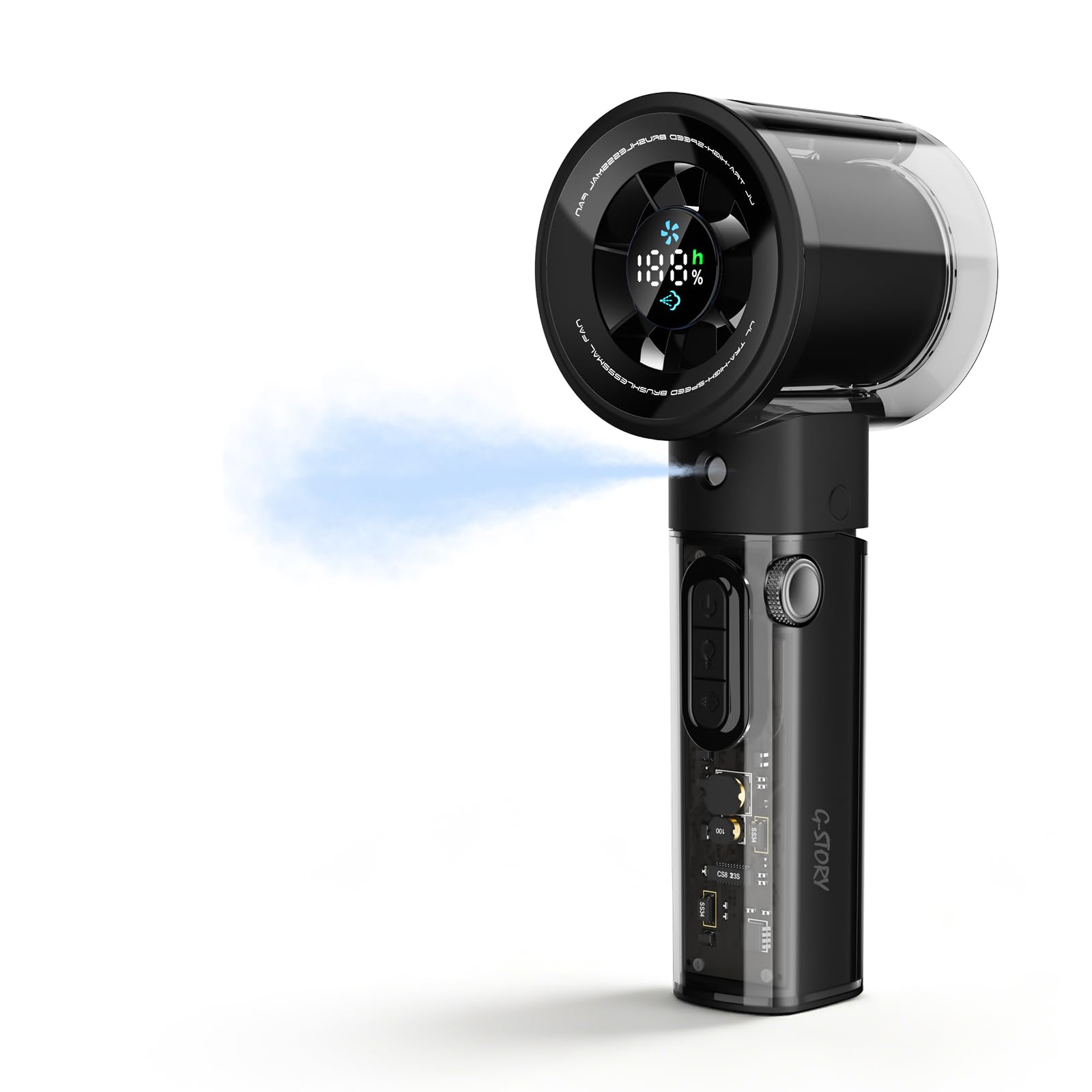 Ventilatore nebulizzatore portatile turbo, 1-100 velocità, 5000mAh Batteria Ricaricabile con display digitale, Serbatoio nebulizzatore da 45ml, entilatore da Tavolo e Collo per Esterni, Viaggi(Nero)