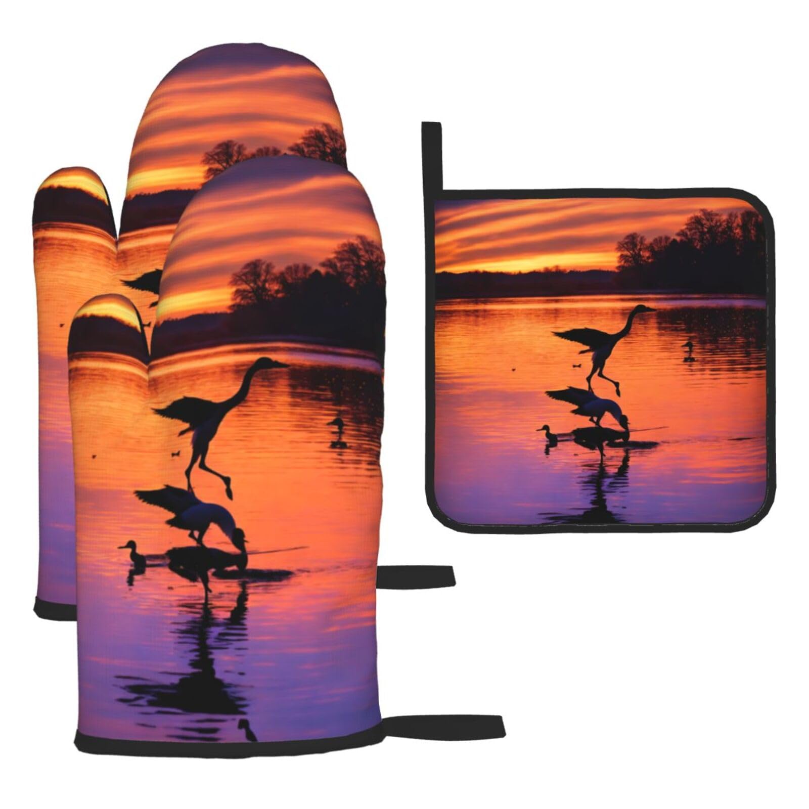 Hunting Flying Wild Ducks Print Oven Kitchen Gloves For Baking Outdoor Grilling Home Use Mitts Microwaving Bbq