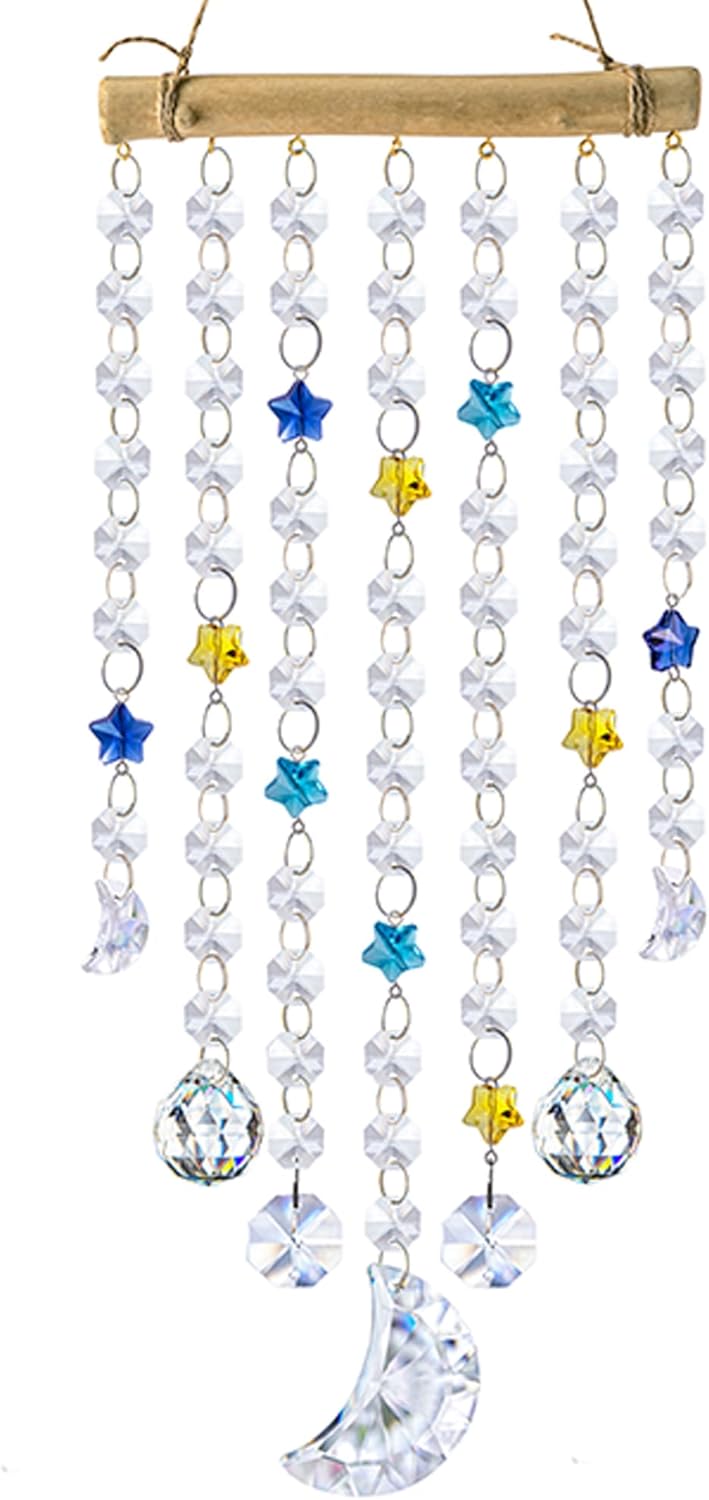 13.3inch Crystal Moon Star Prism Suncatcher Rainbow Maker Pendant Window Garden Hanging Decoration Ornament for Christmas Tree Crystal Wind Chimes