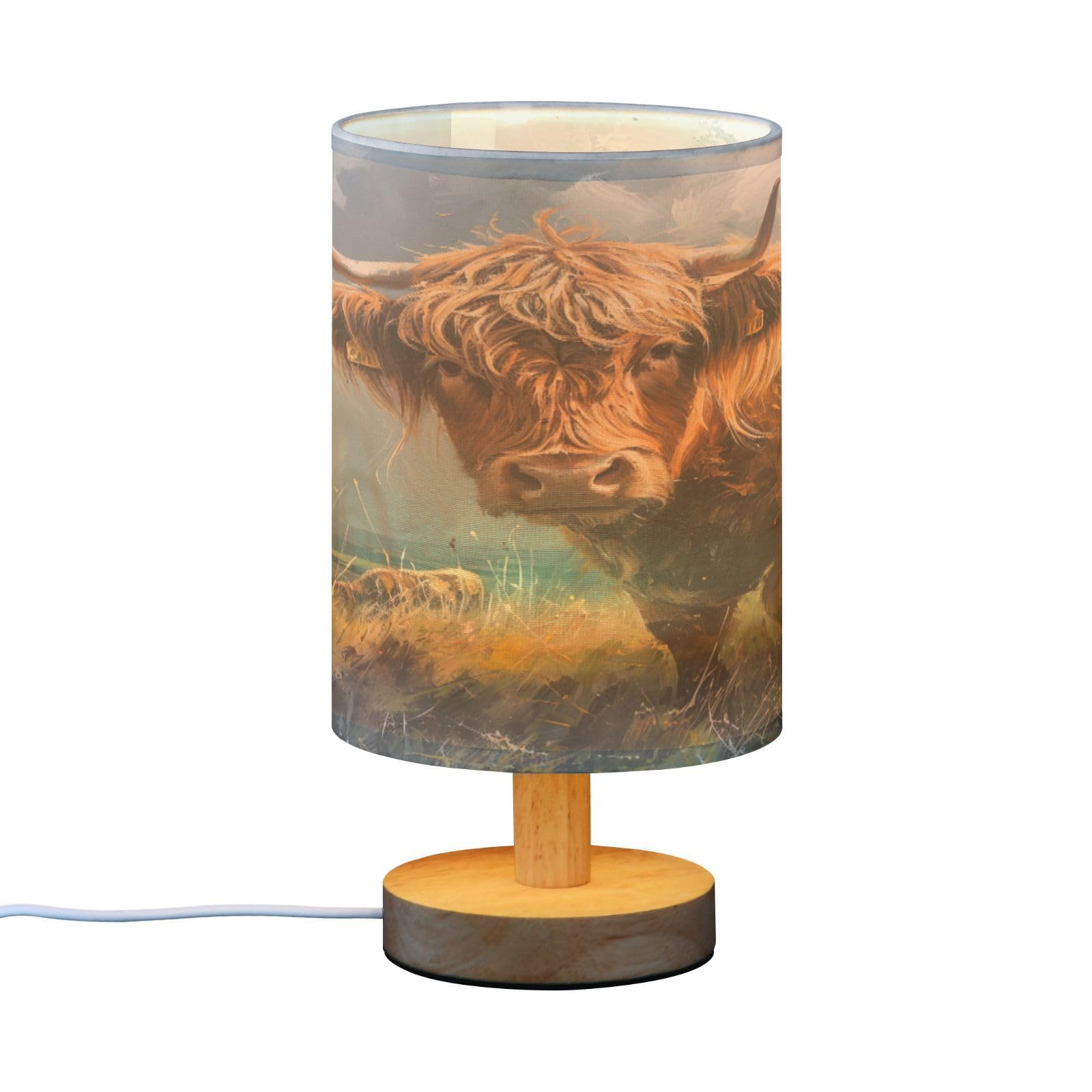 SDMKA Highland Cattle Pattern Bedside Table Lamp for Bedroom, Minimalist Nightstand Lamp with Round Fabric Shade for Living Room, Office, No Bulb Required