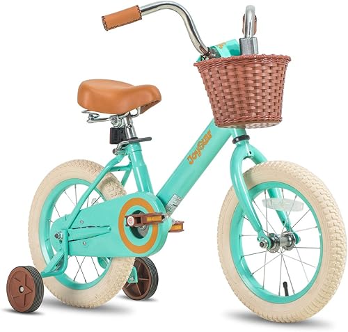 JOYSTAR Bicicleta vintage de 12 y 14 y 16 y 18 pulgadas con cesta y ruedas de entrenamiento para niñas y niños de 2 a 9 años verde beige y rosa