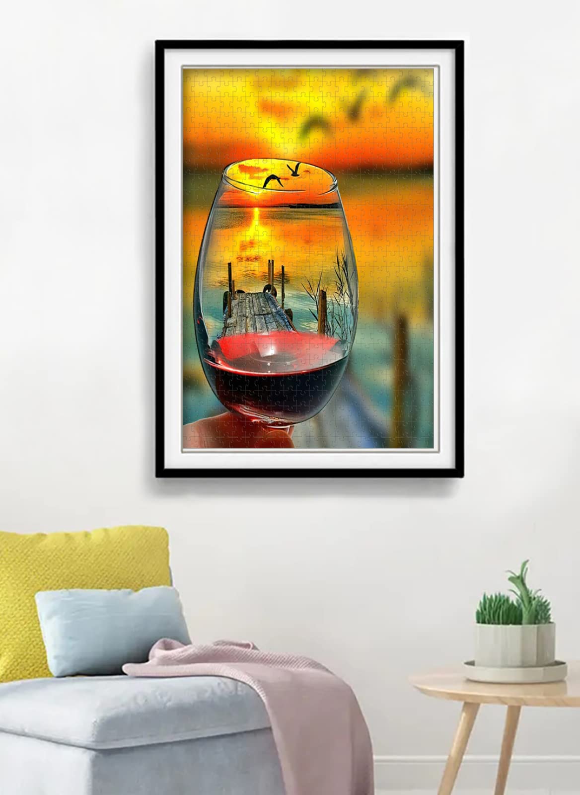 Weinglas-Puzzle 1000 Teile, Sonnenuntergang Am Meer – Kunstpuzzle Für Erwachsene, 50x70 Cm