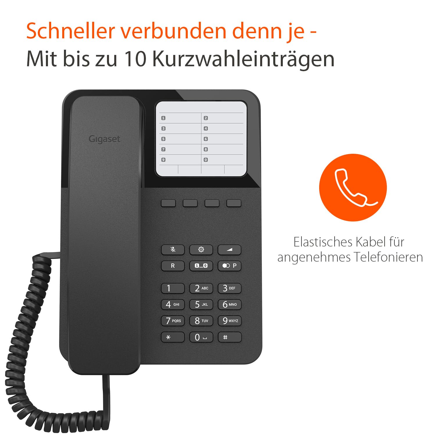 Gigaset Desk 400 Telefon mit elastischem Kabel, platzsparend, 10 Kurzwahleingänge, Wahlwiederholung, kompatibel mit Hörgeräten, MFV oder einstellbare Pulsauswahl, Schwarz