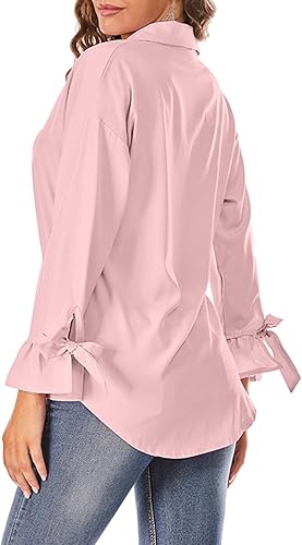 Vista 17 de Camisa de manga larga acampanada para mujer, para otoño, casual, cuello con lazo, con puño, ajuste holgado, camisetas Blanco