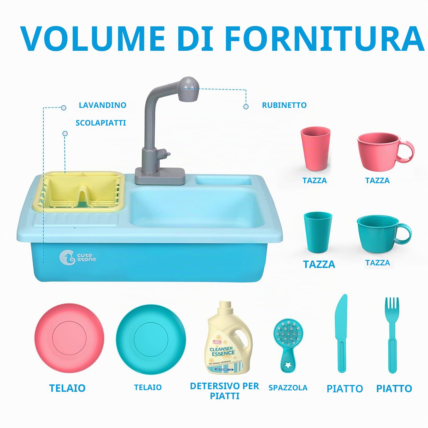 cute stone- Giocattolo - Set lavello da cucina con rubinetto dell'acqua calda che cambia colore, detersivo per i piatti, riciclo dell'acqua - per bambini dai 3 anni in su - Blu