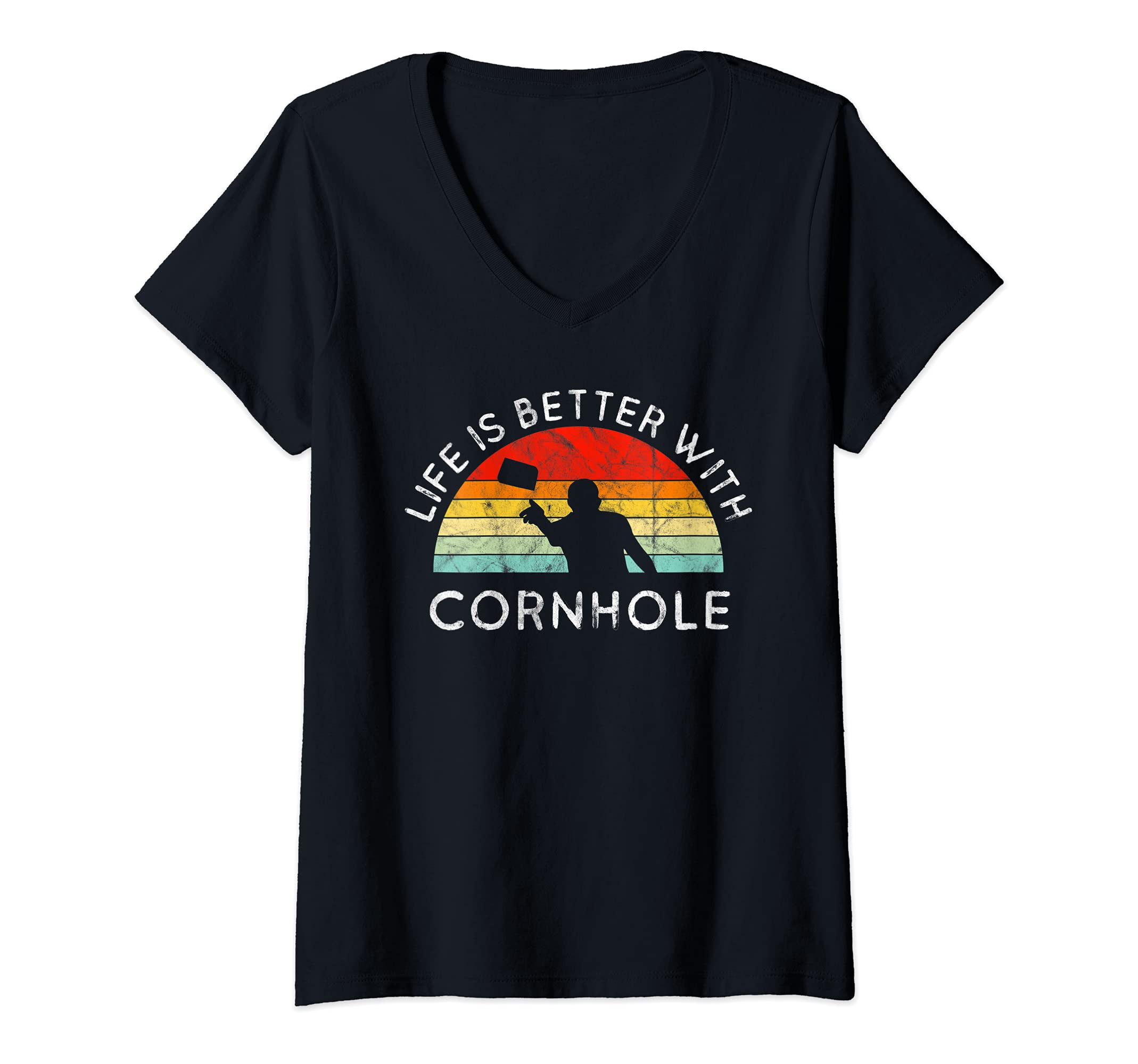 Womens Cornhole Life Is Better Vintage Retro Team Tournament V-Neck T-Shirt