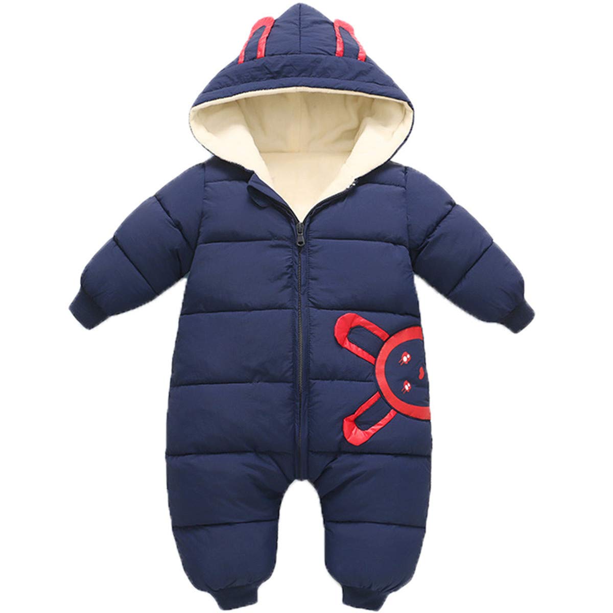 JELEUON Baby Girls Boys One Piece Winter Hooded Ladybug Print Warm Puffer Onesies SnugglyJumpsuit Snowsuit Romper 1-2 Years Navy