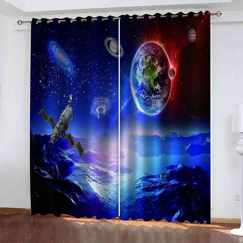 Rideau occultant bleu planète cosmique 264x160cm pour chambre d'enfant