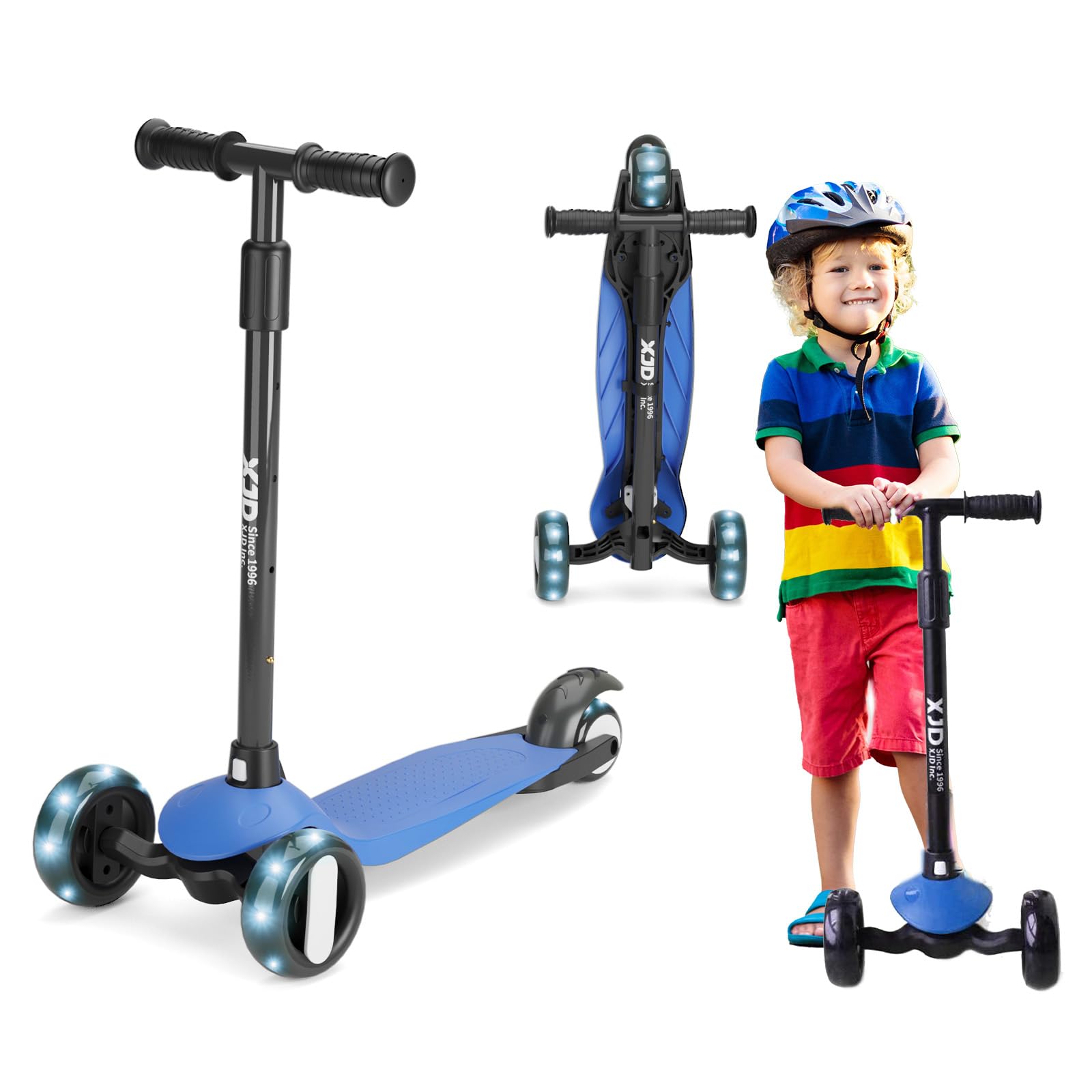 XJD 3 Wheel Kids Scooter Age 2-8 Toddler Scooters 4 Levels Height Adjustable Handle Wide Deck Kick -Easy Foldable -Safe Lean to Steer Design Scooter with PU Flashing Wheels for Boys Girls Children