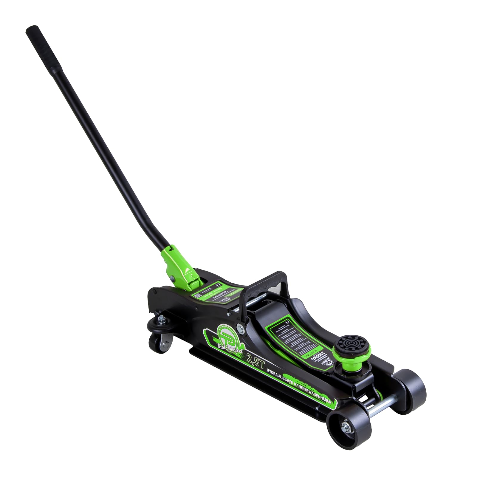 Cric idraulico 2,5 tonnellate versione piatta 80 mm – 360 mm Low Profile con valigetta + adattatore SUV + 2 cuscinetti in gomma idraulici per auto, ruote a 360° (verde)