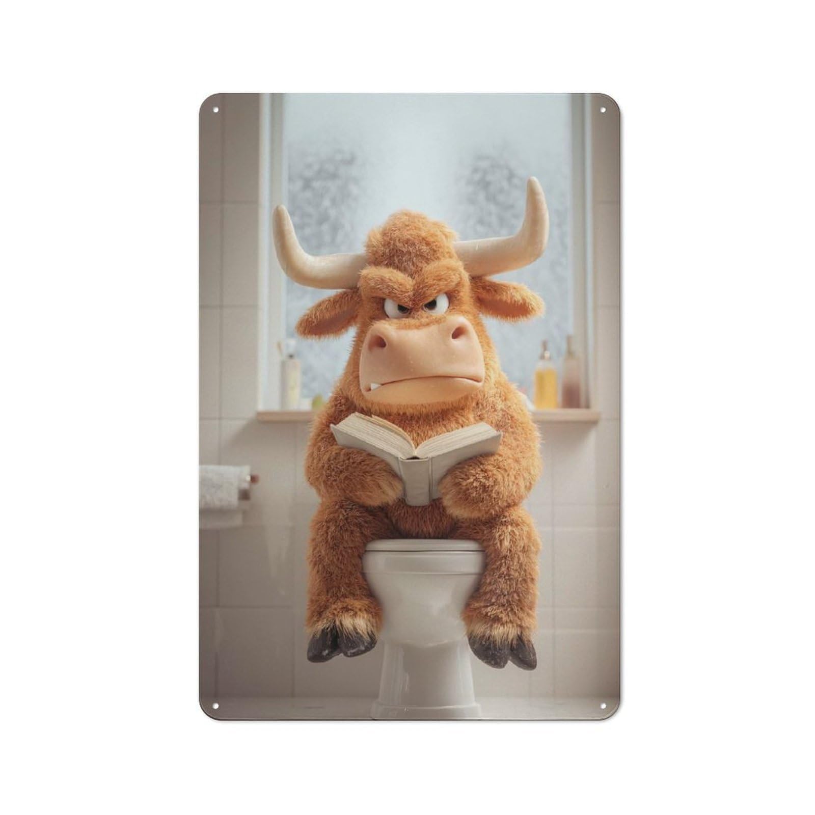 Junmoney Style-8 Vintage Metal Sign 30X20cm Featuring Cartoon Bull Reading On Toilet For Pub Or Café, Wall Decor For People Reorganising Pub And Café