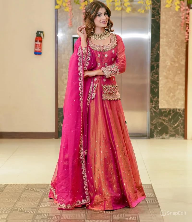 Image of Suppar Sleave Women's Chanderi Silk Embroidered Kurta Set with Lehenga Style Bottom & Dupatta | Bollywood Style Embroidery lehenga Choli Set For Woman