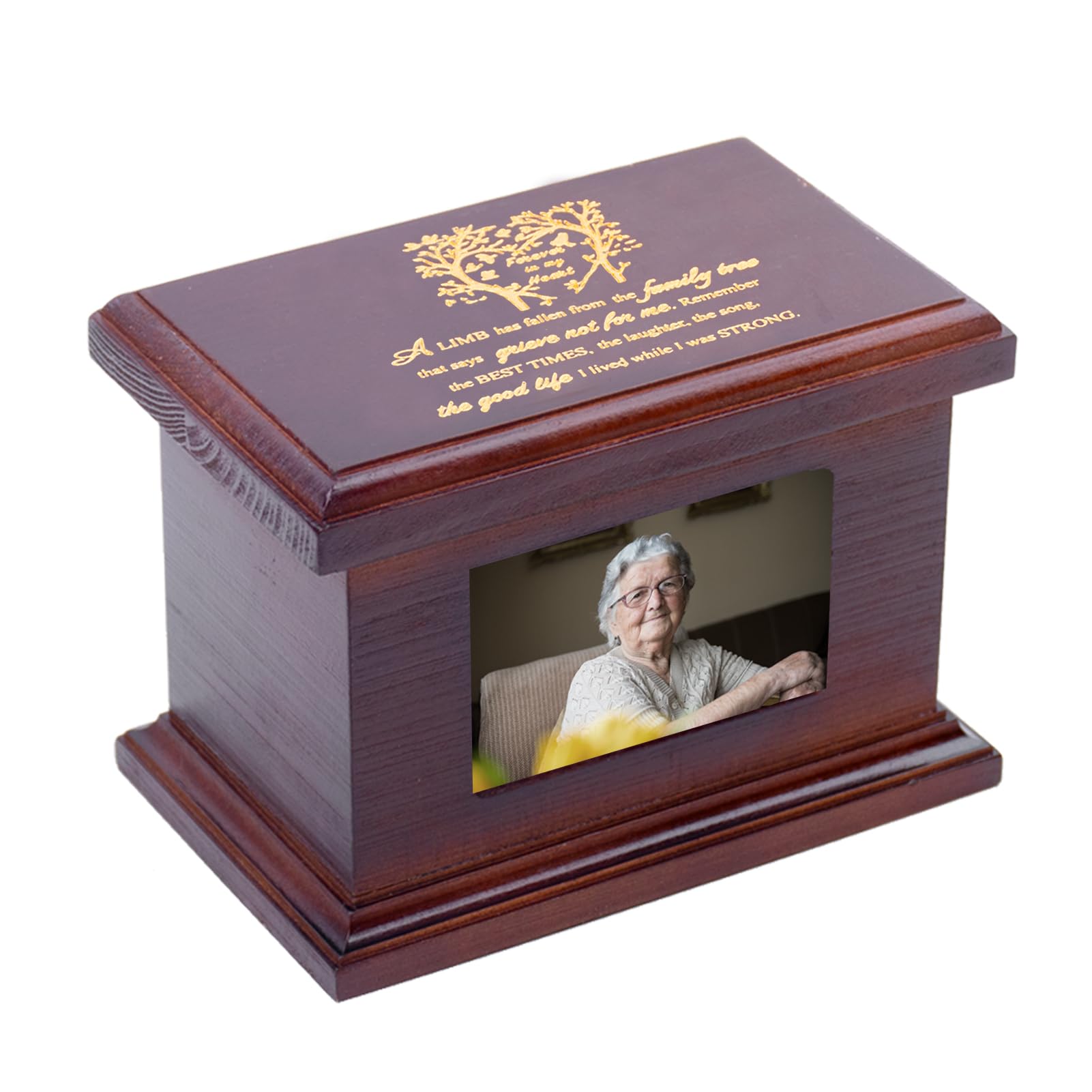 BRUKUSUR 5.5 Inches Small Wood Urns for Ashes, Funeral Memorial Urns with Photo Frame, Small Urns Keepsake Wooden Urns Box and Casket, Picture Frame Keepsakes Urns for Human Pet Ashes-Tree