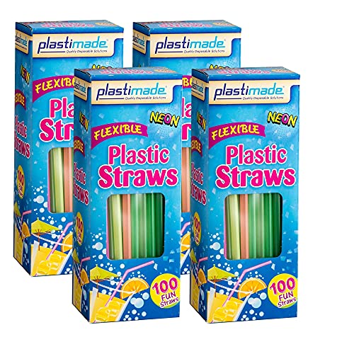 [400 Count] Plastimade Fun Colored Plastic Disposable Drinking Flexible Straws For Home, Office, Wedding, Events, Parties, Take Out, Water, Juice, Soda, Beer, Cocktails, Assorted Colors