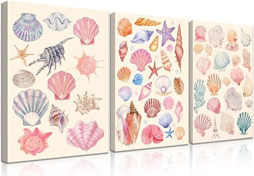 Juego de 3 pósteres enmarcados de moda con diseño de vaquera costera rosa, decoración vintage para casa de playa, conchas marinas, arte de pared,