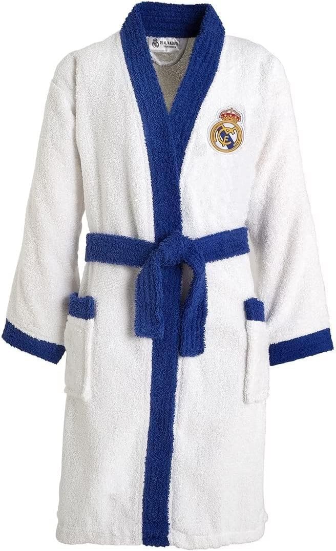 Real Madrid Albornoz Escudo Bordado. 100% algodón con Acabado de Rizo. Producto Oficial