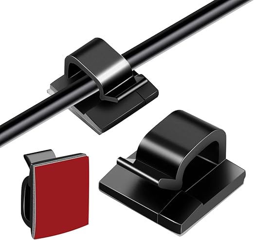 URAQT zwarte zelfklevende kabelclips, 70 stuks buitenlichtdraadclips met zelfklevende achterkant, kabelbeheerclips voor auto, kantoor, thuis, bureau, muur, kerst hangende decoraties, sprookjeslicht
