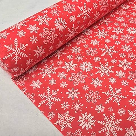 PRESTIGE Christmas XMAS Polycotton Print Fabrics Decoration Crafts Poly Cotton Designs Fabric - Per Metre (NEW! Snowflakes - Red) Cover