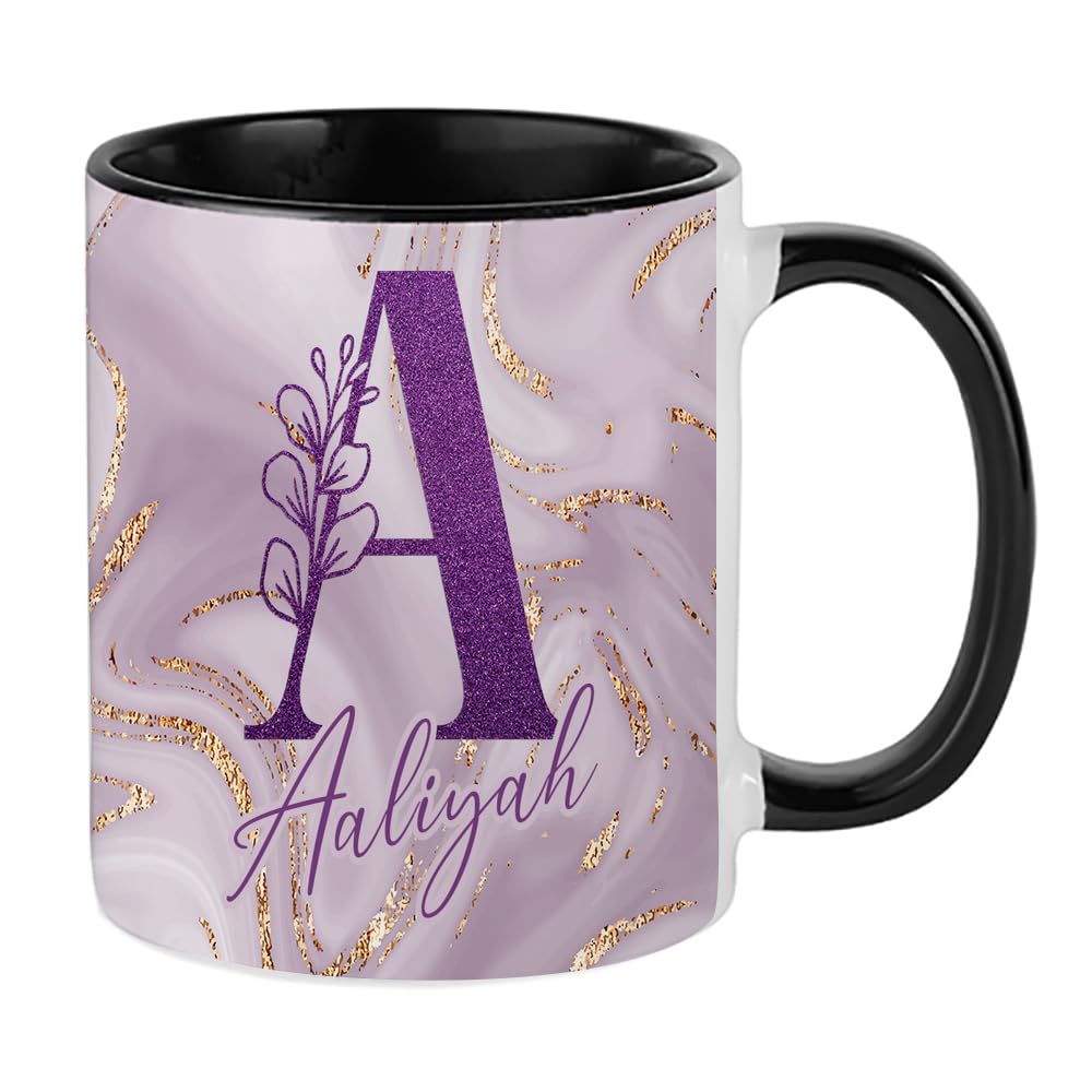Getagift Personalised Initial with Name, Glitter Marble Alphabet, Gift for Girls, Inside Coloured Coffee, Tea Mug. (Black)