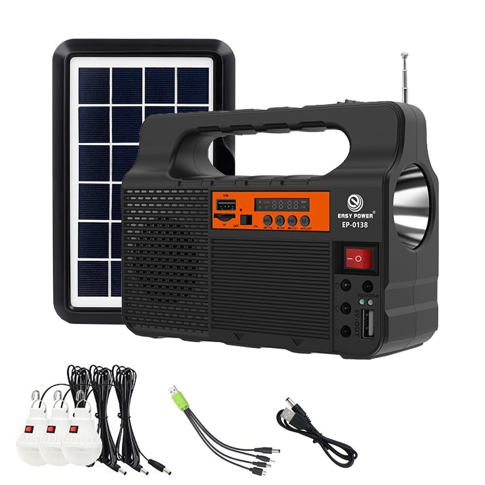 Pepisky Portable Solar Generator with Solar Panel Radio BT Speaker Phone Charger Flashlight Power Station Built-in 3600mAh Battery for Outdoor Camping Emergency Illumination System with 3Pcs