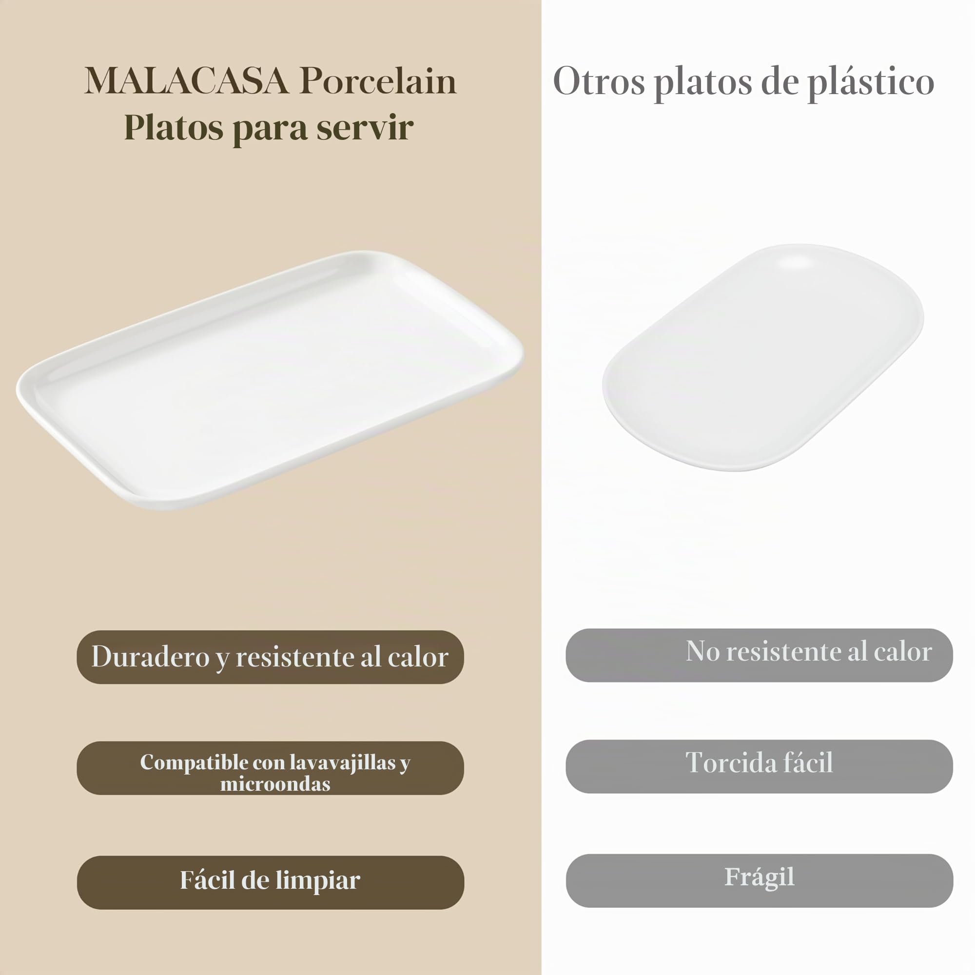 MALACASA Juego de 4 platos de servir grandes de porcelana para entretenimiento, platos rectangulares blancos de 12 pulgadas para fiestas, bodas, postres, ocasiones de lavavajillas, microondas