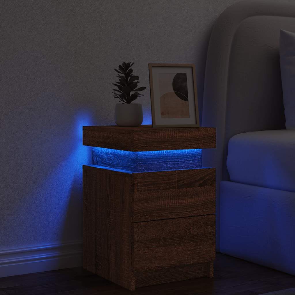 Stolik nocny z diodami LED, brązowy wygląd dębu, 35 x 39 x 55 cm, nowoczesny stolik pomocniczy do sypialni, salonu, stabilny materiał drewnopochodny