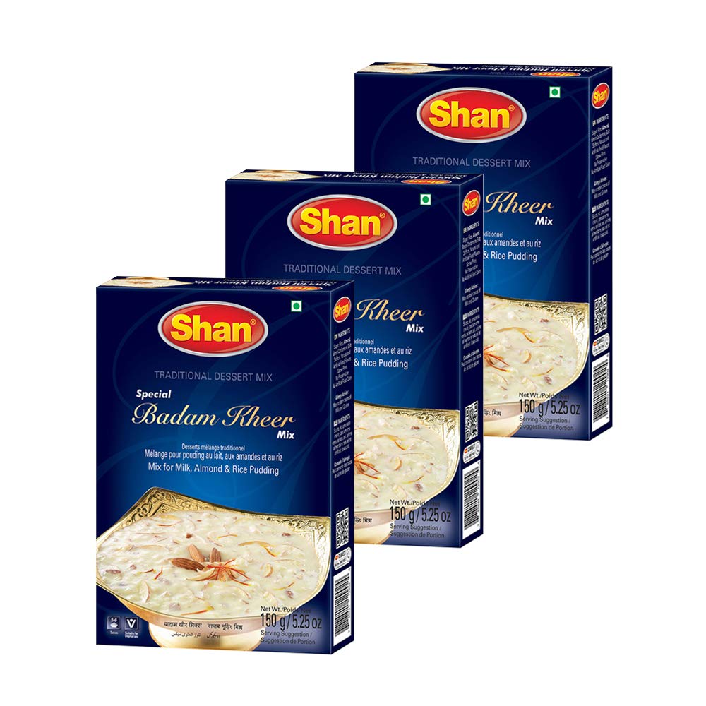 Shan Special Badam Kheer Traditional Dessert Mix 5.29 oz (150g) - Powder for Milk, Almond and Rice Pudding - Suitable for Vegetarians - Airtight Bag in a Box (Pack of 3)