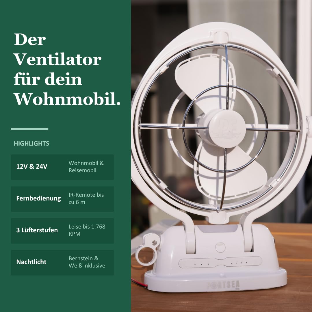 Portsea Arlo Wohnwagen Ventilator 12V/24V – Leiser Camper Fan mit Fernbedienung, Timer, LED & Insektenlicht, für Wohnmobil, Van, Caravan & Boot