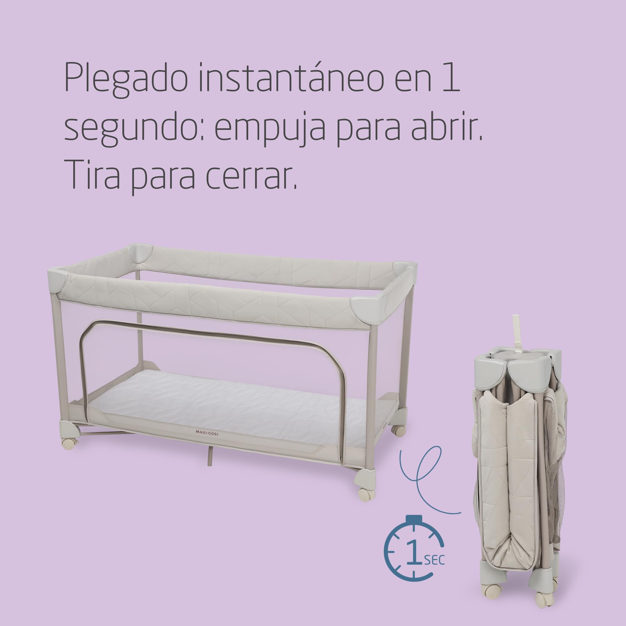 Maxi-Cosi Merlin, Cuna de viaje bebe y área de juegos 2 en 1, 0-4 años, hasta 18 kg, Cuna bebé portátil, Plegado en 1 segundo, Colchón CloudCore 120x60 cm, Ventana lateral, 4 ruedas, Elegance Beige