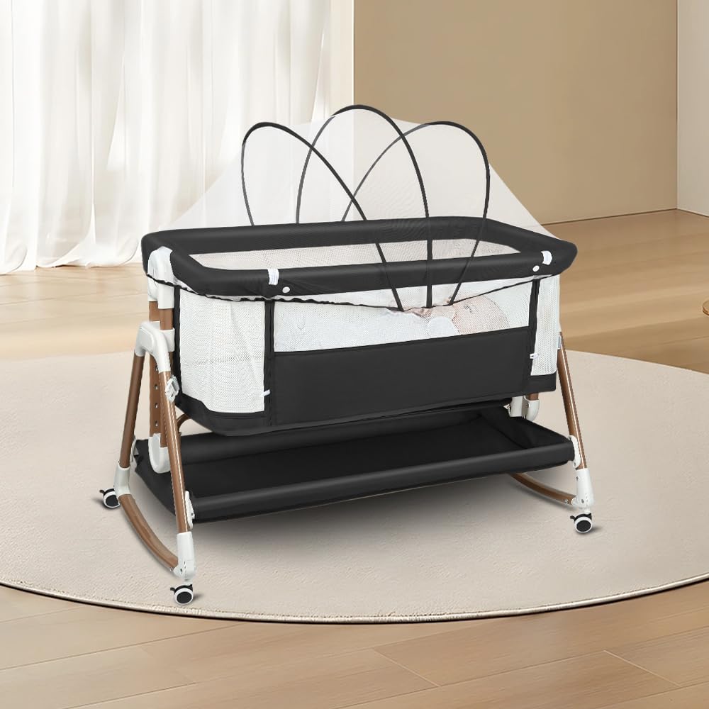 LANTUS Berceau 3 en 1, Lit Cododo, Berceau à Inclinaison, Hauteur réglable sur 6 Niveaux(50-75cm(50-55 - 60-65- 70-75)), jusqu'à 50kg, Roues 360º, Moustiquaire, 90 x 60 x 90-115 cm – Noir + Or