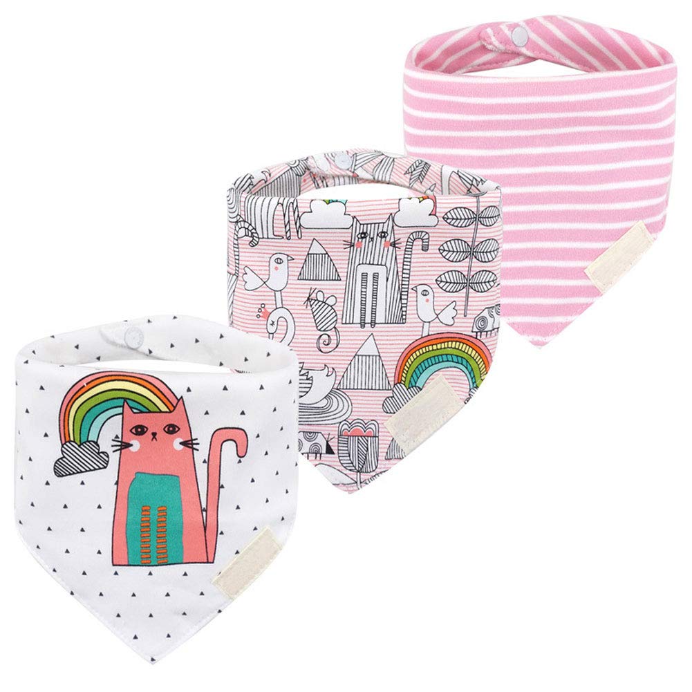 JZLPIN Baby Dribble Bib, Toddler Bandana Bib 3 Packs Super Absorbent Cotton Feeding Bibs 100-Rainbow Cat