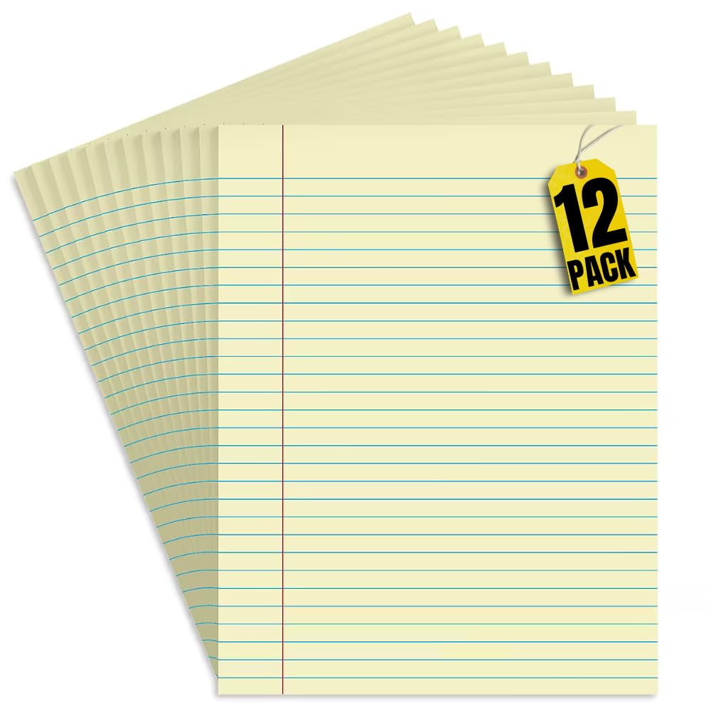 1InTheOffice Blocco note gialli, tamponi per scrittura gialli, compresse di carta 8-1/2 x 11, blocco note a righe larghe, tamponi per canarini, 50 fogli/pad, 12 pastiglie