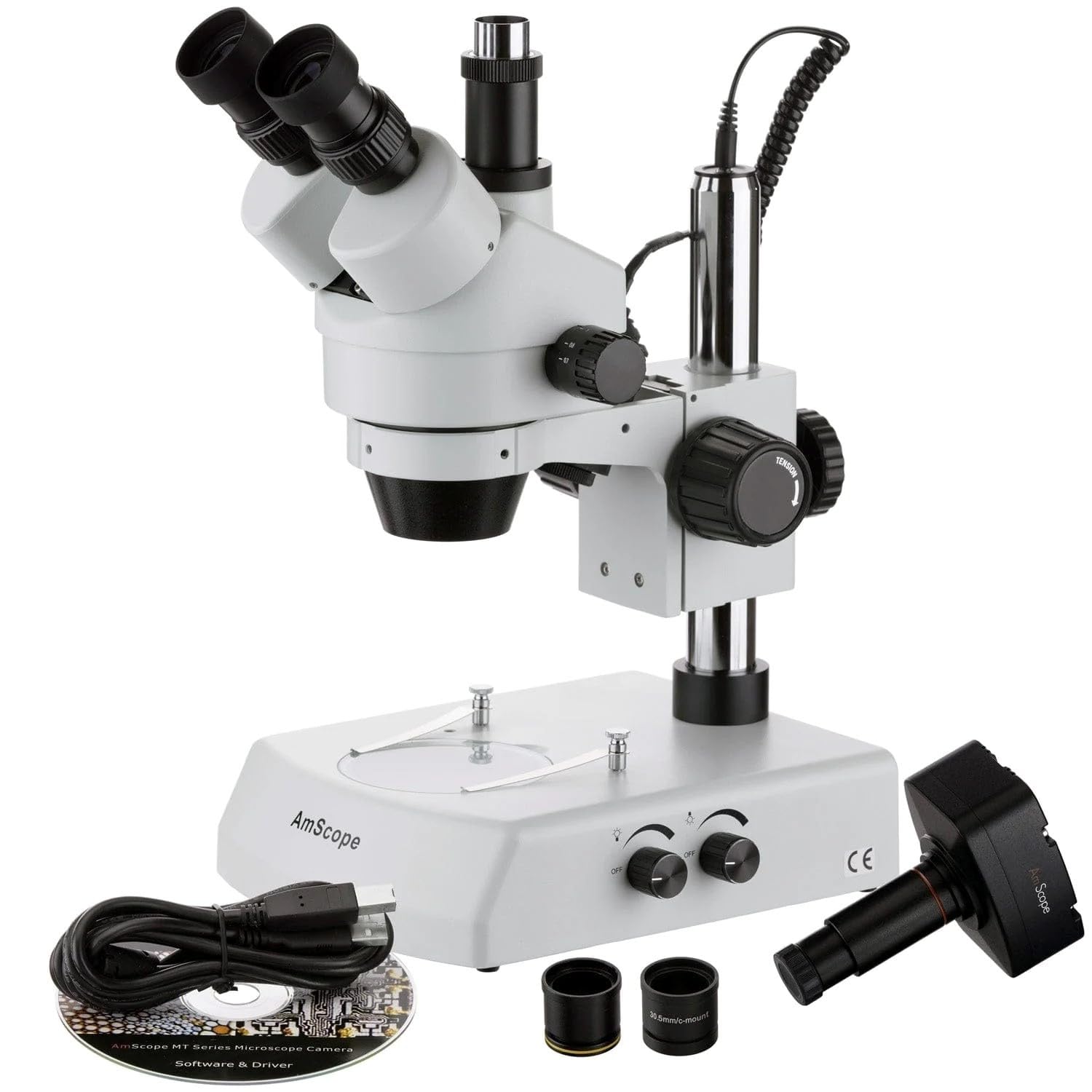 Amscope SM-2TZ-M Digital Professional Trinocular Stereo Zoom Microscope, WH10x Eyepieces, 3.5X-90X Magnification, 0.7X-4.5X Zoom Objective, Upper and Lower Halogen Lighting, Pillar Stand, 110V-120V, Includes 0.5X and 2.0X Barlow Lenses and 1.3MP Camera with Reduction Lens and Software