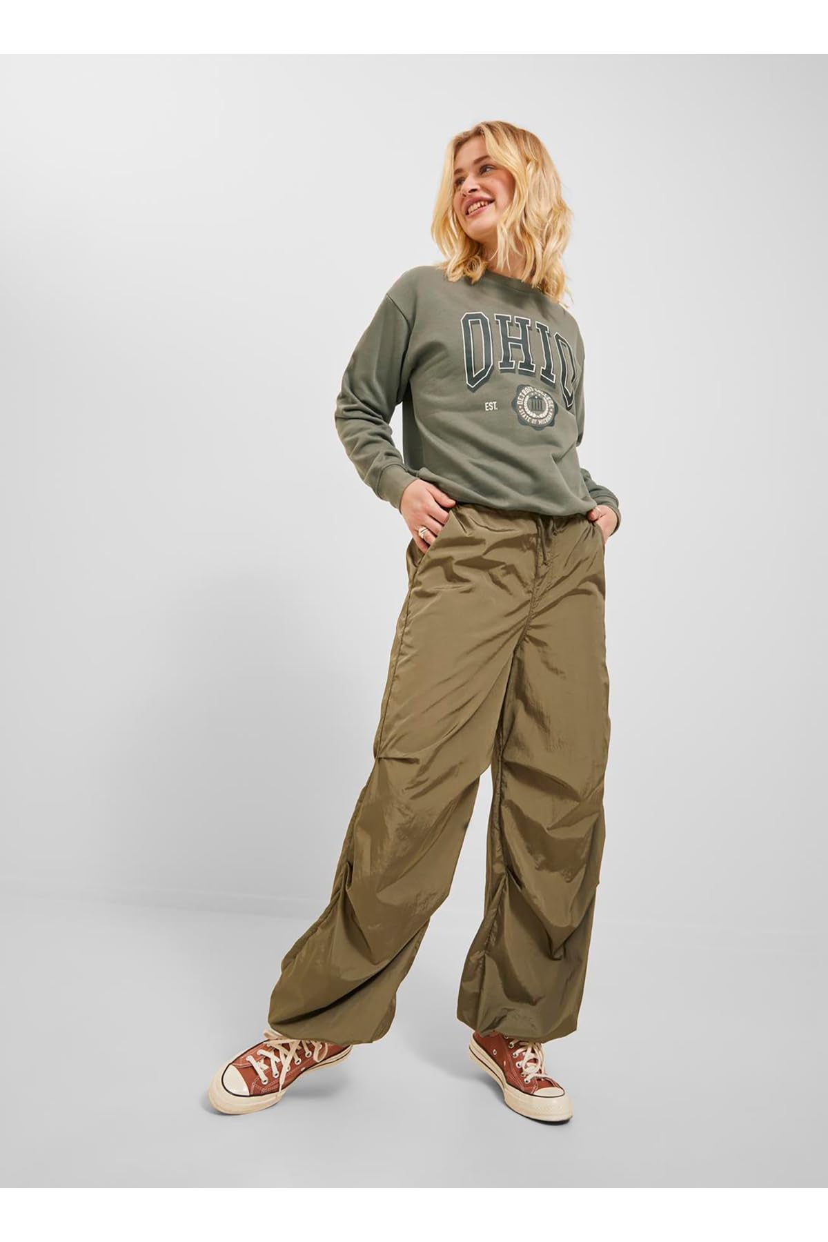 Jack & Jones JJXX Bisiklet Yaka Baskılı Sweatshirt, Kadın, Dusty Olive, L Beden