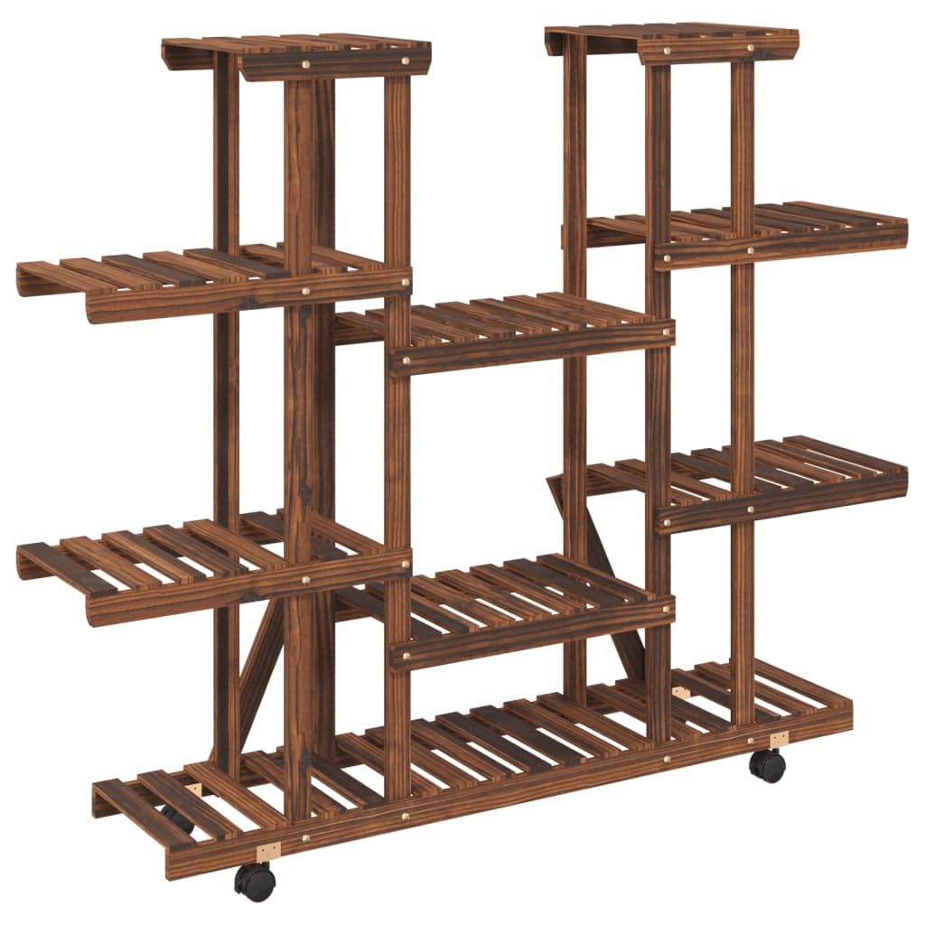 Blumenständer mit Rollen 110x25x115 cm, Pflanzenregal aus Massivholz Tanne für Wohnzimmer und Balkon, Mehrstöckiges Blumenregal Pflanzentreppe Karbonisiert