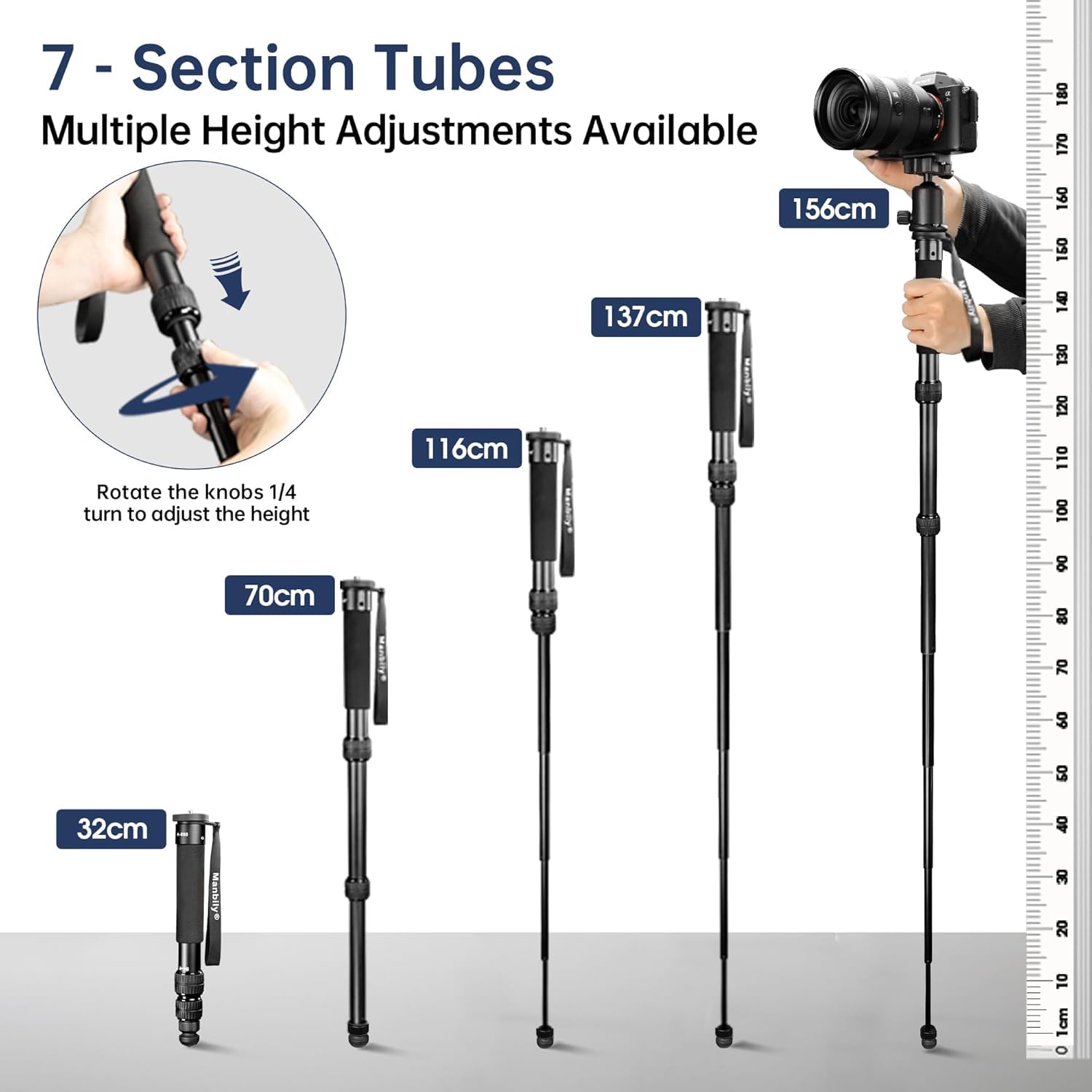 Manbily A-888 Fotocamera Monopiede, Lunghezza 32 centimetri - 156 centimetri, Monopiedi in alluminio per fotocamere 7 Sezioni, Compact Viaggi Portatile Selfie Stick per DSLR Smartphone Concert