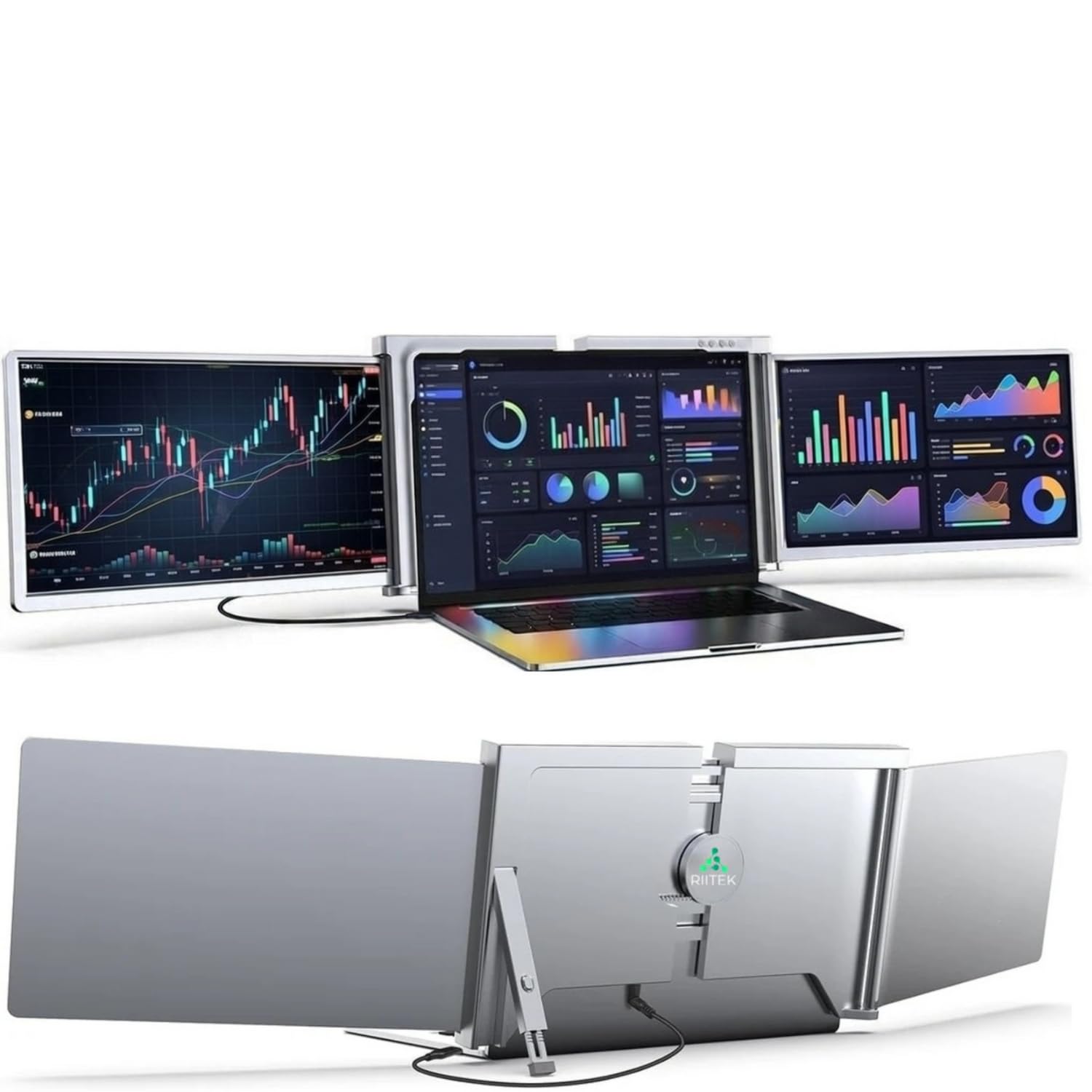 - Riitek 13.3" Portable Tri-Screen Monitor for 13.3"-17.3" Laptop, Fhd 1080P with Kickstand,USB/Type C compaitbility ; Compatible with All Macos, Windows, 1 Year Door Step Warranty