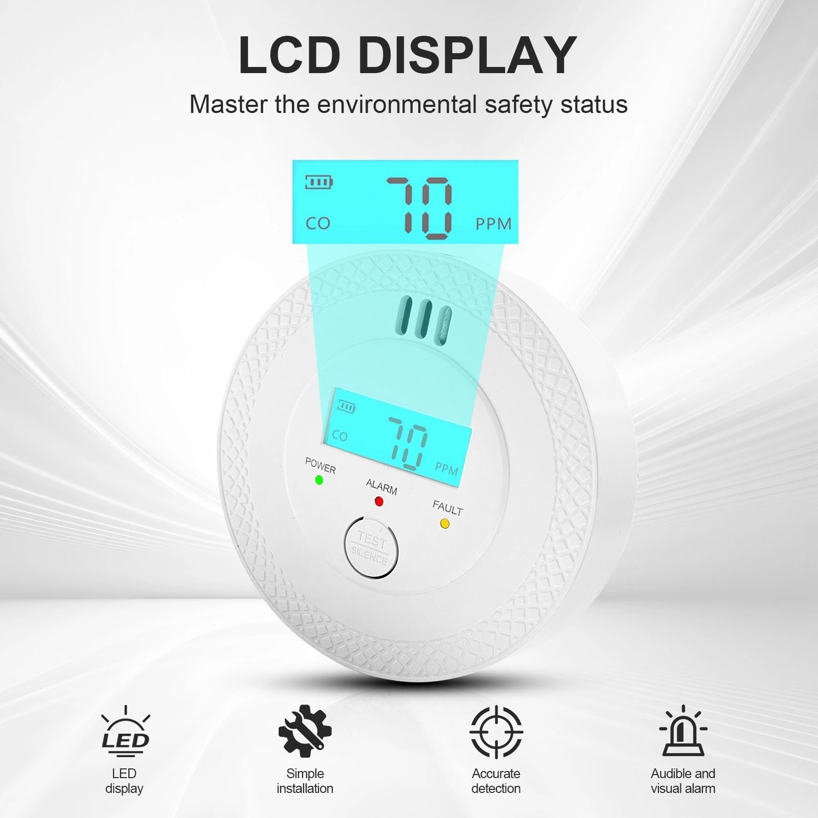Detector de Monóxido de Carbono, Alarma 85dB, Detector CO con Pantalla LCD, Sensor Electroquímico, Batería, Cumple UL2034, para Hogar/Cocina/Viajes