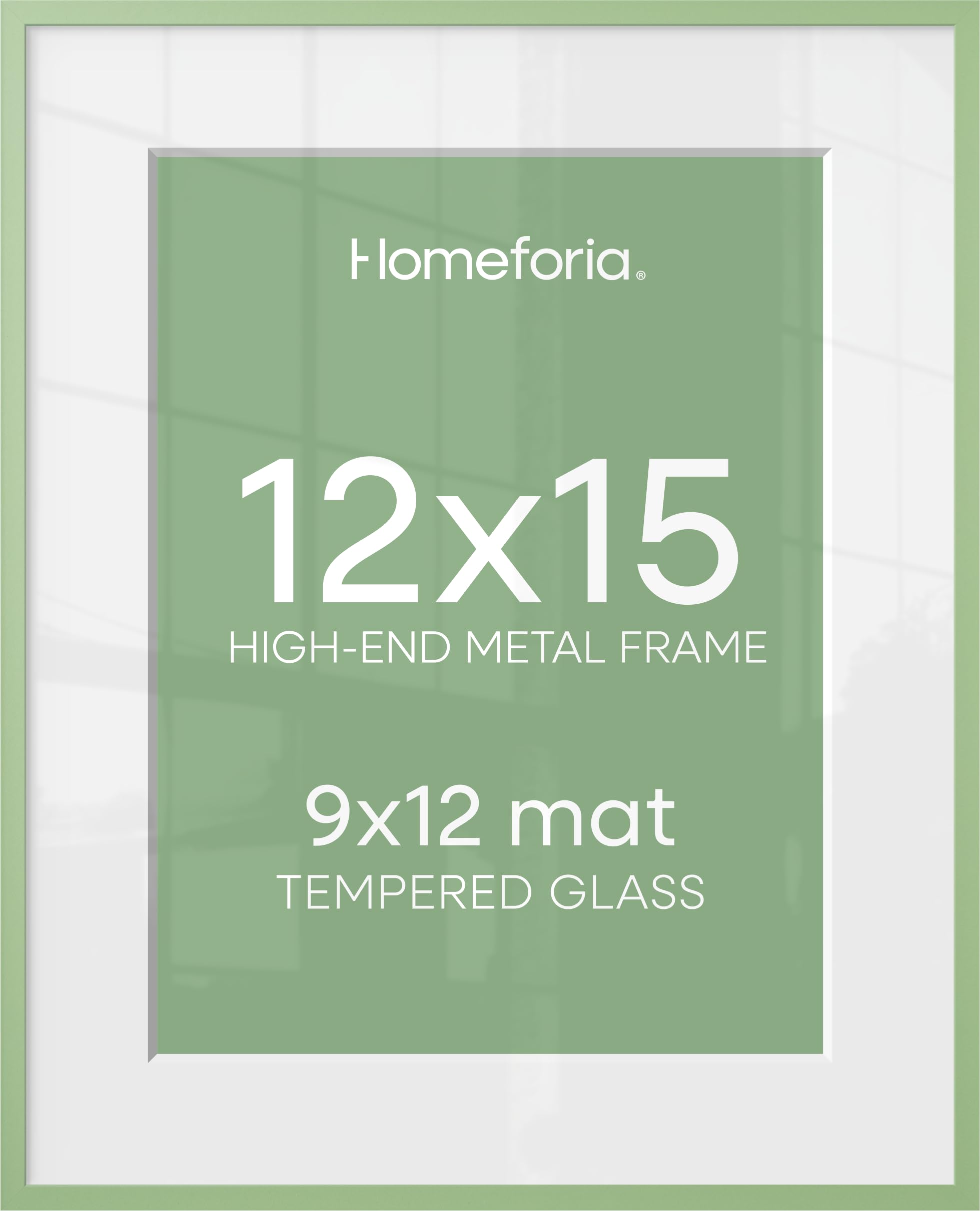 Homeforia 12x15 Green Picture Frame, High-End Metal, 9x12 Mat, Glass | High End Aluminum, Tempered Glass, Acid-Free 9x12 Removable Mat, 12x15 in Edge-to-Edge Display 15x12, Wall Kit, Set Of 1