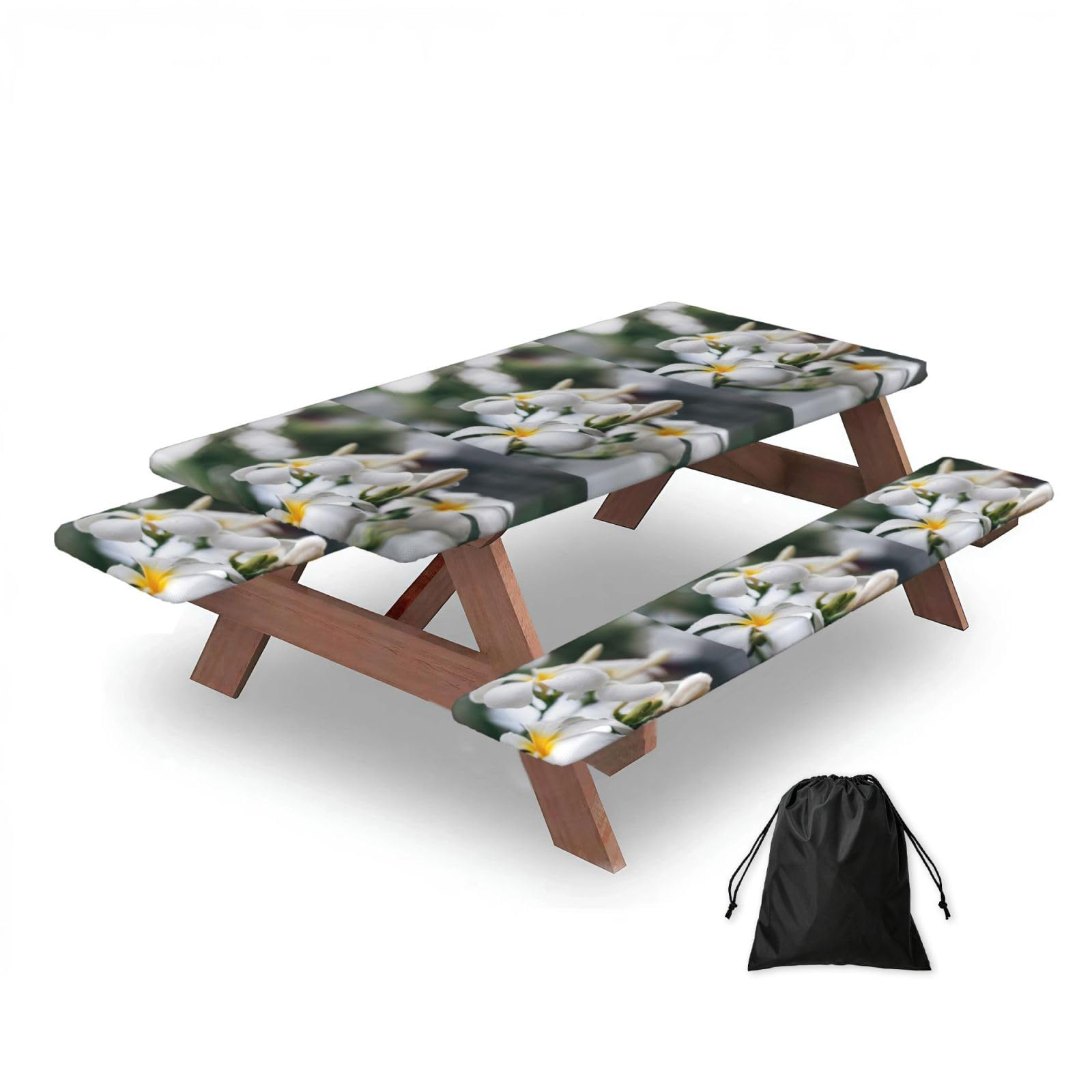 Dopklna As Picture Beautiful White Frangipani Wake Plumeria Flowers, Picnic Table Cover With Bench Covers -Waterproof Elastic Fitted Tablecloth For Garden Camping Patio 76X152cm