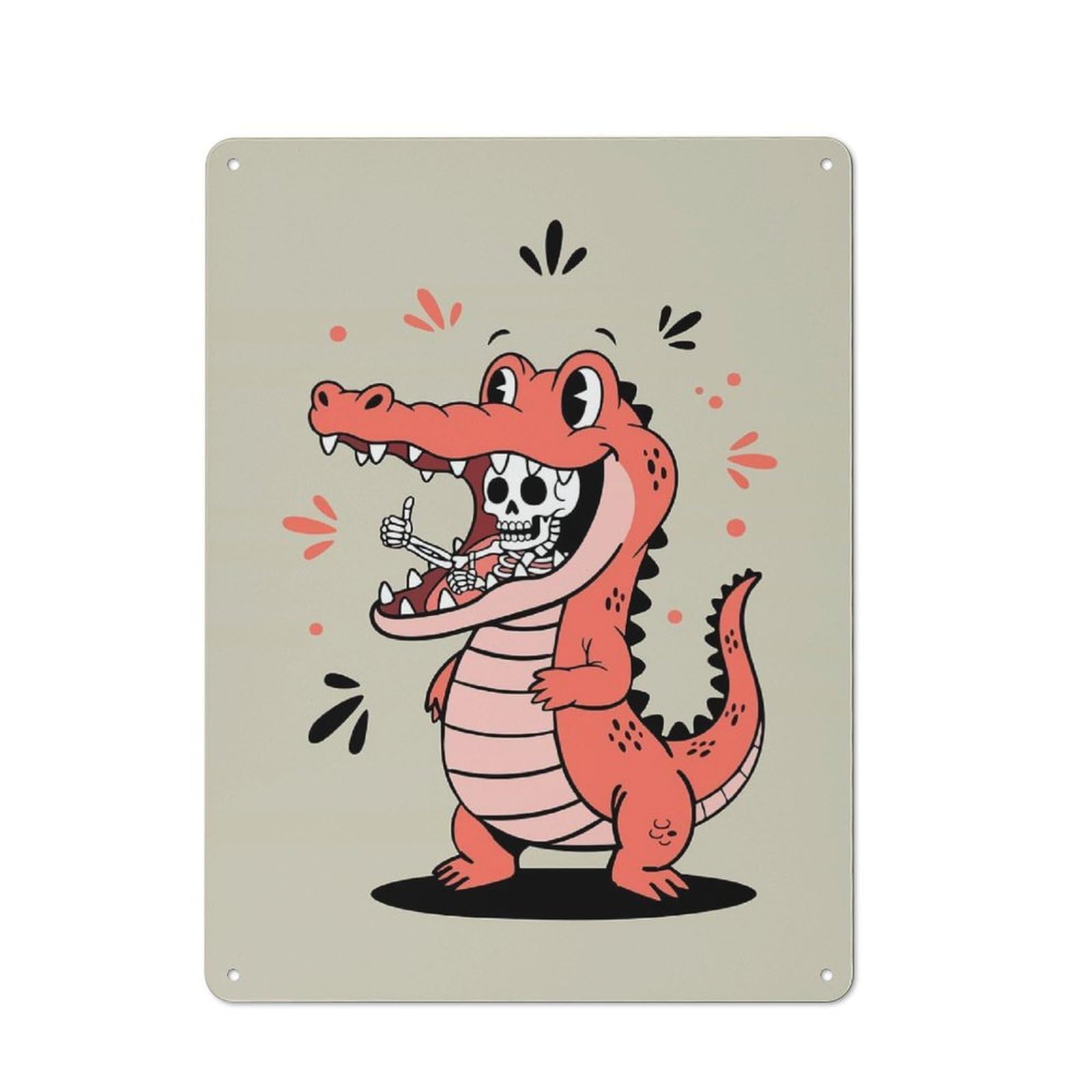 Nostalgic Cartoon Alligator Eating Skeleton Thumbs Up Decorative Tin Sign 40x30cm, Vintage Wall Decor for Lounge, Study, Pub Or Wall Gallery