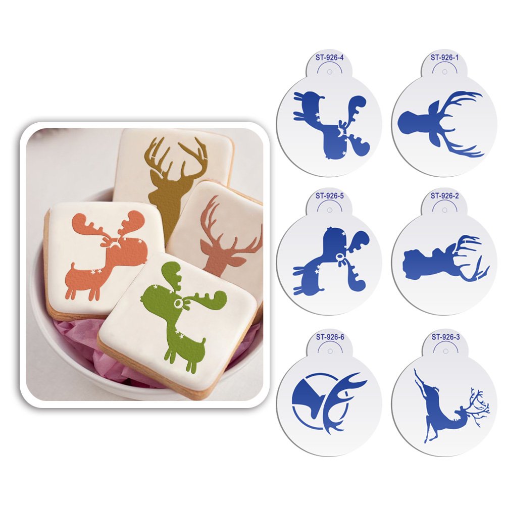 AK ART KITCHENWARE2.76" Christmas Deer Stencil Set for Cookie Sugar Decoration Cookie Mold Reusable Stencils for Painting Cake decorating Tool 6pcs