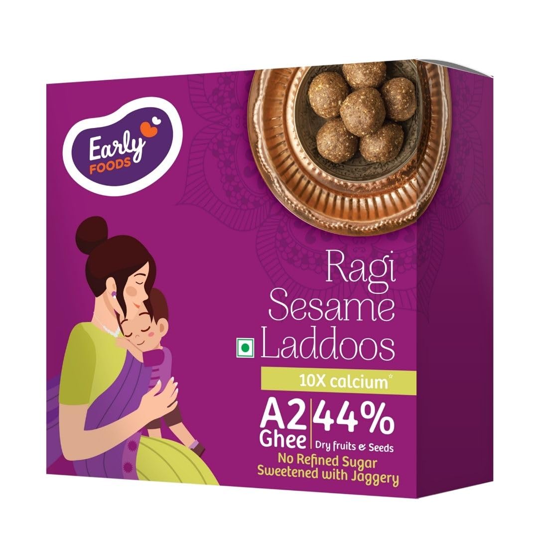 Early Foods - Ragi Sesame Laddoo | A2 Ghee Lactation Laddoo | Sugar Free Laddoos, No Palm Oil | Traditional Recipe for Post Delivery Nutrition | 44% Dry Fruits & Seeds | High Calcium Snack for Lactating Mothers, 250g