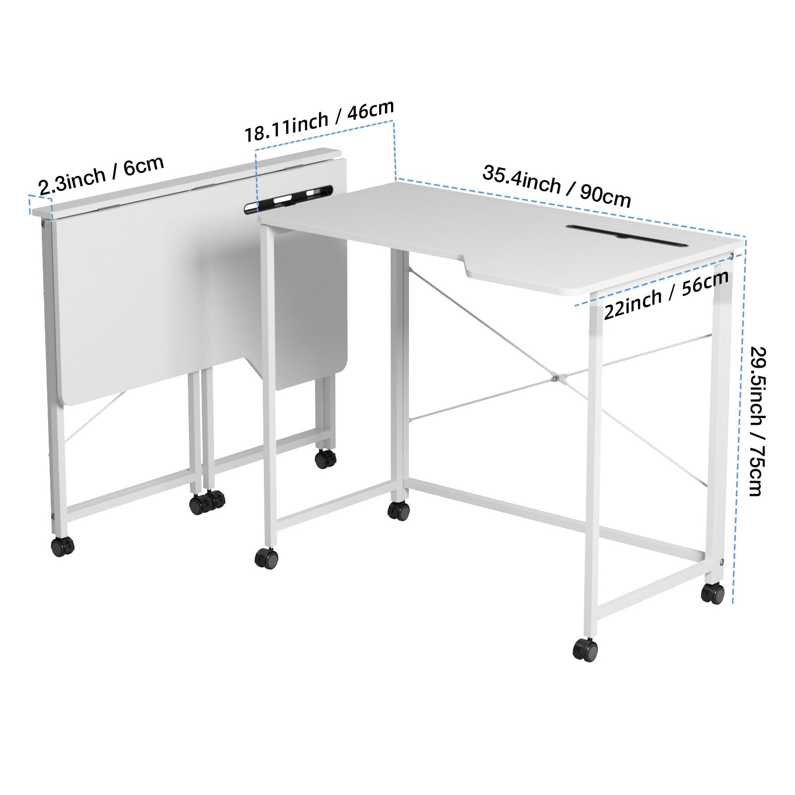 Scrivania Pieghevole Postazione di Lavoro con Ruote, Tavolo Pieghevole Scrivanie per Computer, PC Tavolini Portatili, per Ufficio, Studio, Camera da Letto, Bianco 90x56x75cm
