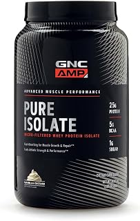 GNC AMP Pure Isolate Whey Protein Powder, Muscle Growth, Recovery, & Performance, 25g Protein, 5g BCAA, 1g Sugar, Low Calorie, 3rd Party Tested, Gluten Free, Vanilla Custard, 28 SVG