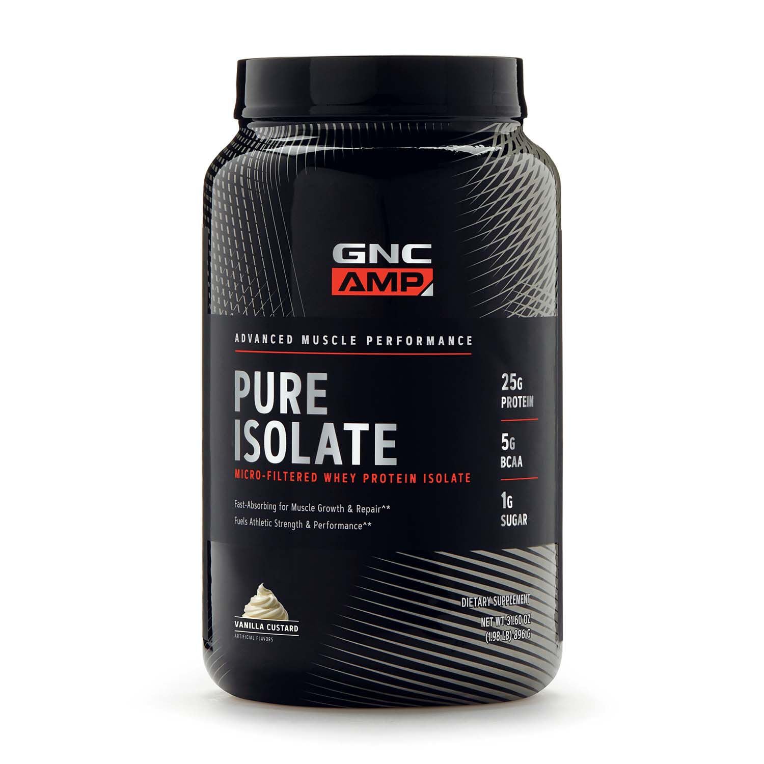 GNC AMP Pure Isolate | Fuels Athletic Strength, Performance and Muscle Growth | Fast Absorbing | 25g Whey Protein Iso with 5g BCAA | Vanilla Custard | 28 Servings
