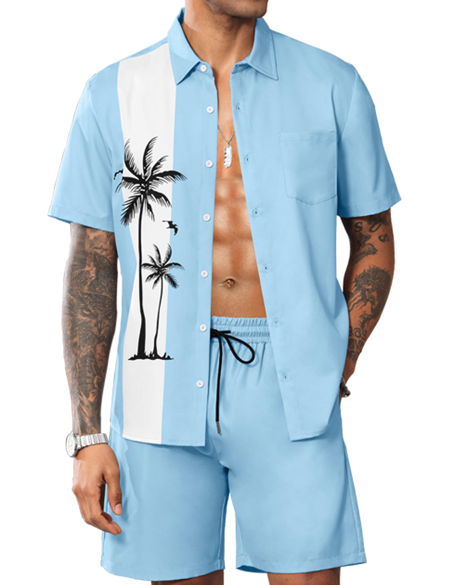 LecGee Men's Hawaiian Shirts Sets Button Down Coconut Tree Hawaiian Shirt Shorts 2 Piece Hawaiian Outfits