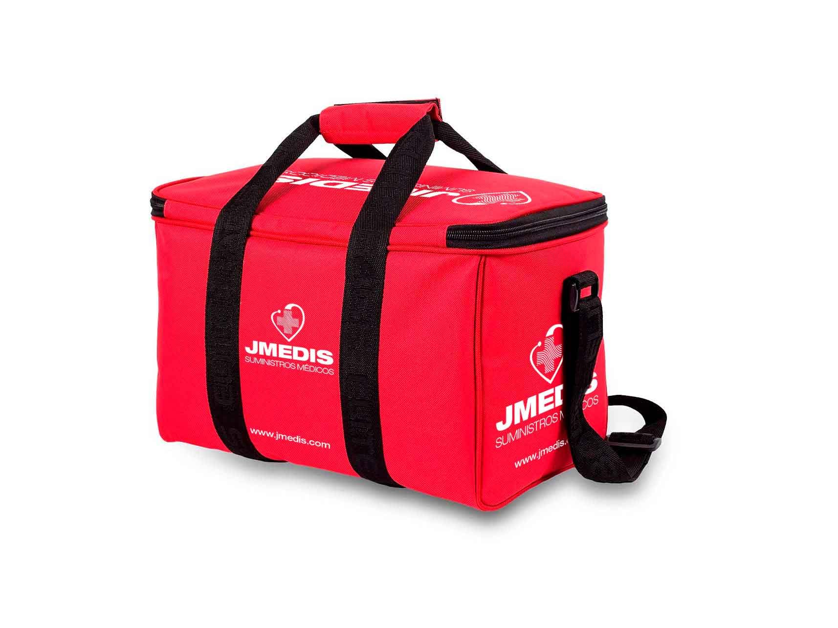 JMEDIS Botiquín Deportivo Completo, 24 Productos Esenciales, Bolsa Térmica Roja con Correa, Kit de Primeros Auxilios