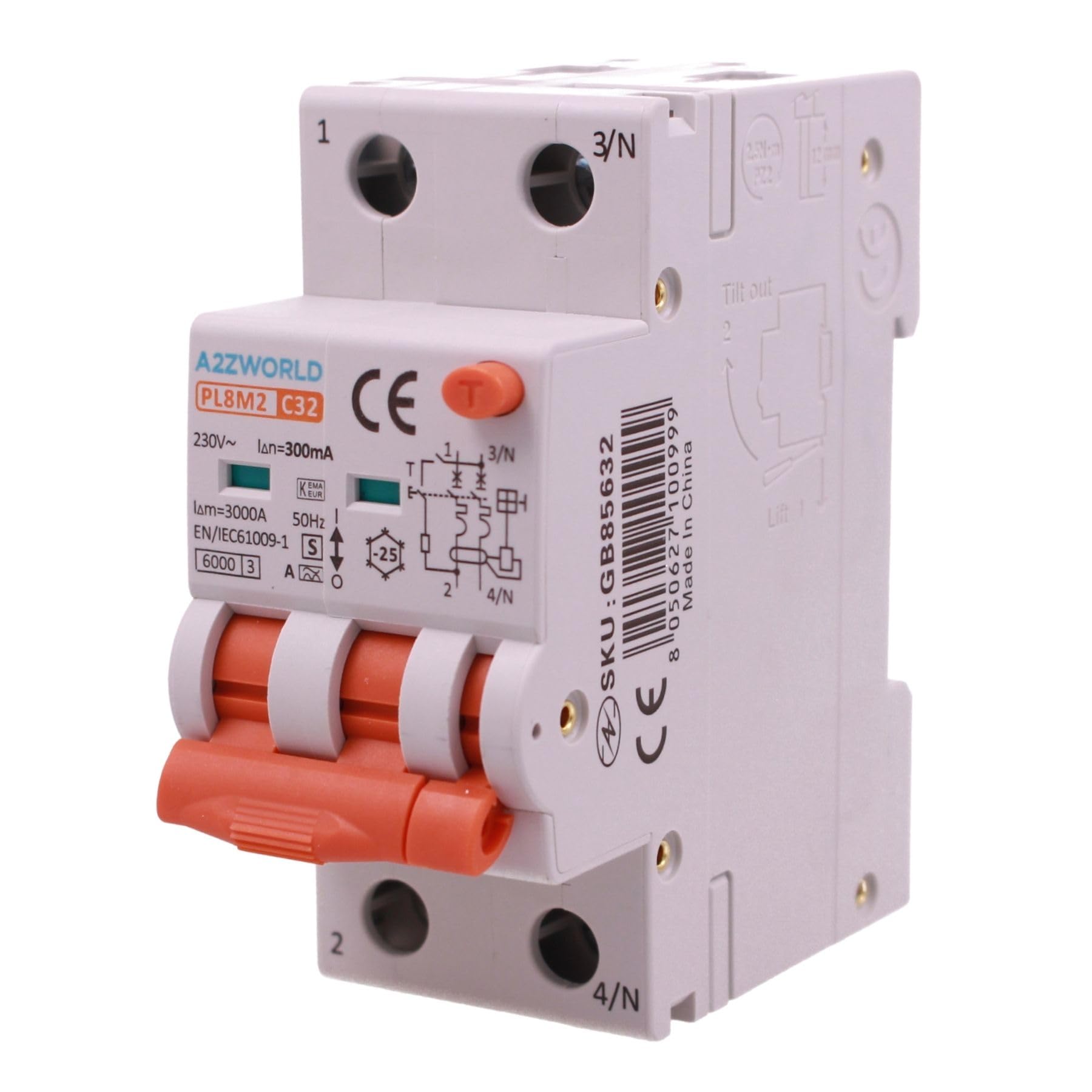 RCBO Selettivo Tipo A(S) 300mA 32A C32, 2P Veri 2 Moduli 6kA 230V Classe A Curva C, Interruttore Magnetotermico Differenziale con Doppia Leva e Diagnostica Visiva, Modello PL8M2